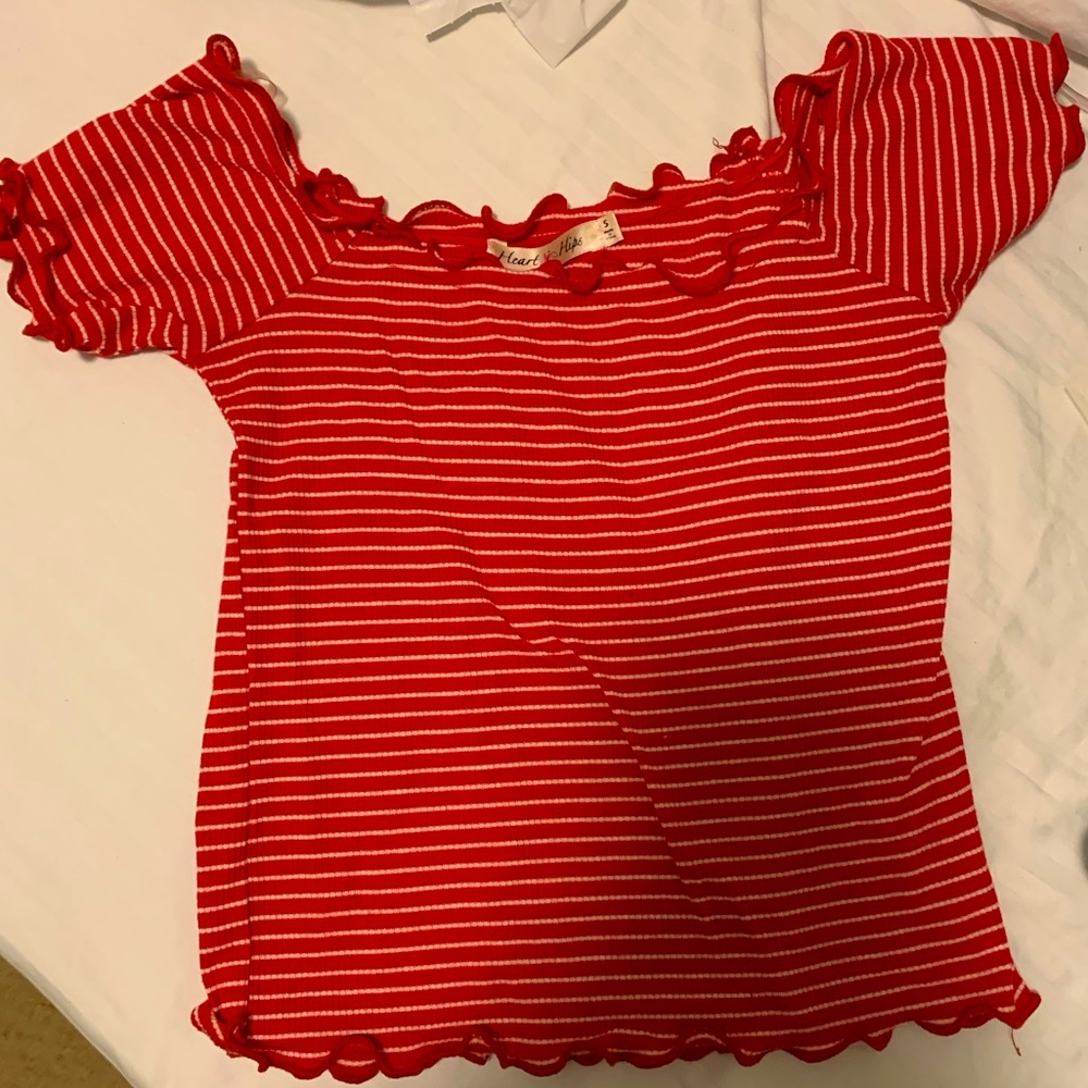 Heart & Hips cute off the shoulder crop top with red and white strips